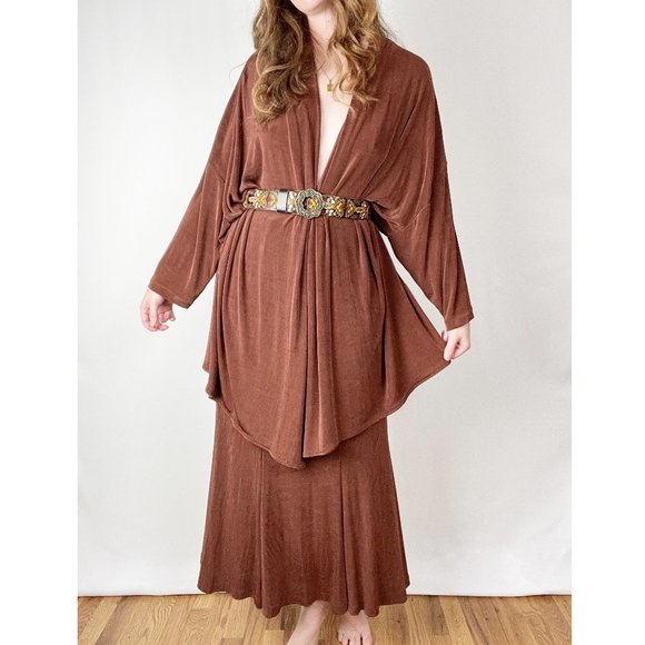 Vintage Dresses & Skirts - Vintage Chocolate Matching Set Midi Maxi High Rise Skirt Open Duster Cardigan